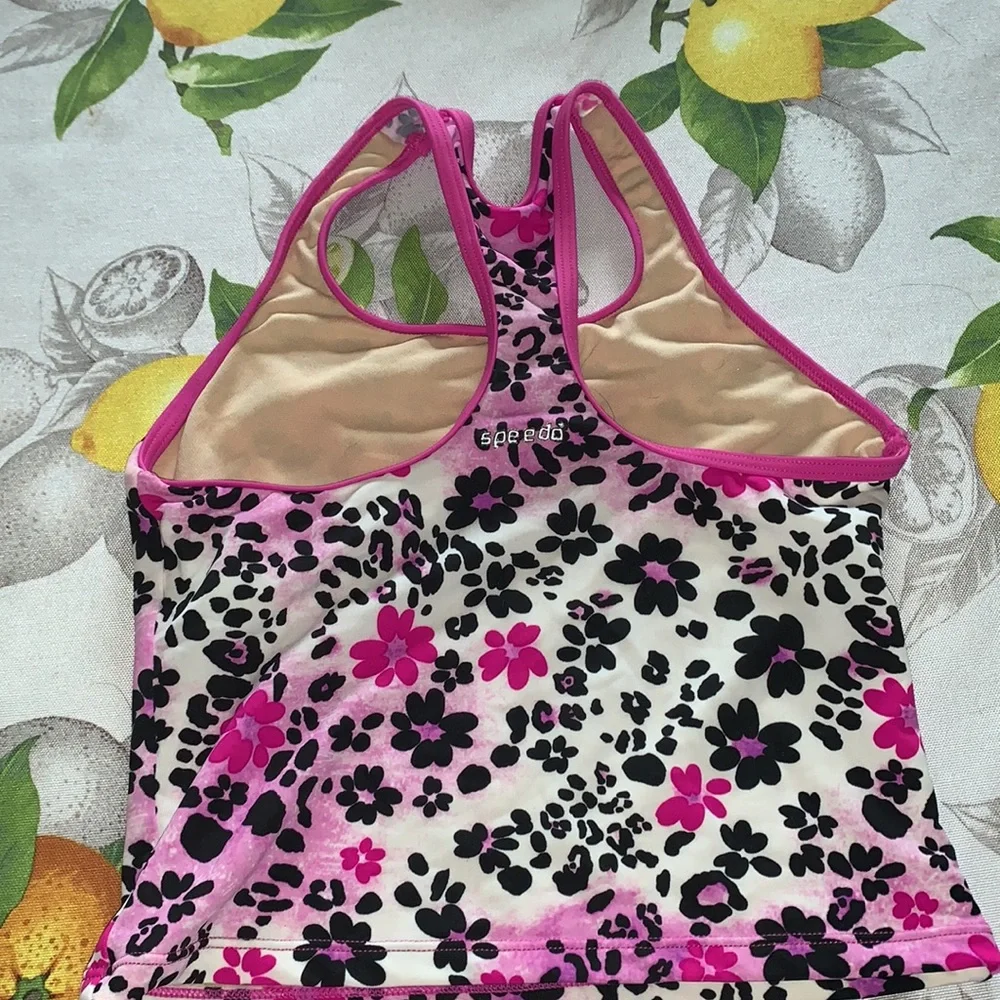 Speedo tankini top pink and black floral leopard sz Y10 EUC